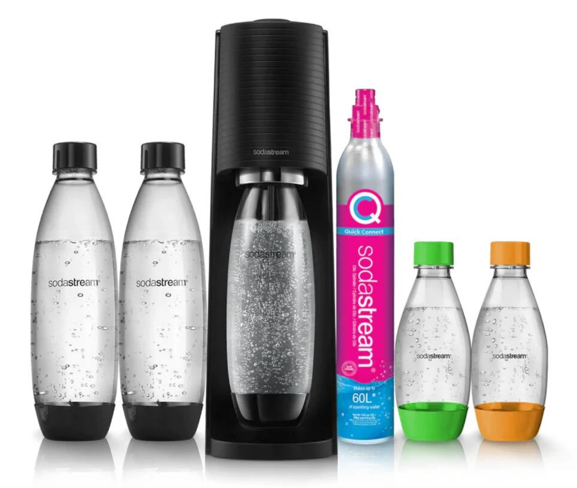 Levivo Wassersprudler silber von der Seite mit Flasche