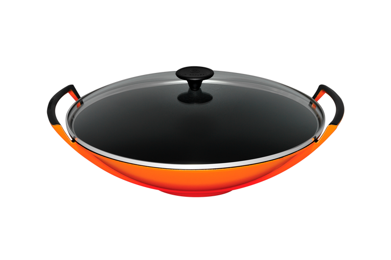 Le Creuset Wok aus Gusseisen mit Glasdeckel in orange