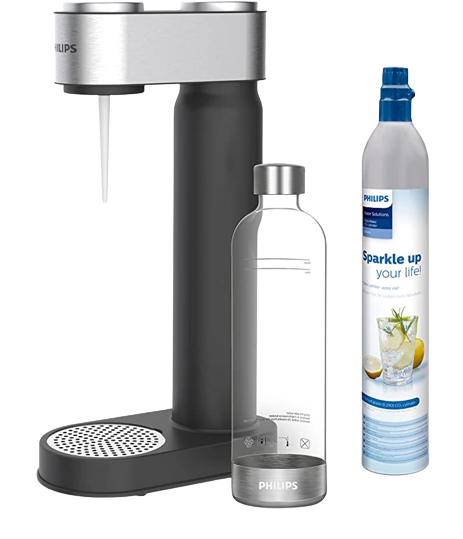 Philips Wassersprudler schwarz von der Seite mit Flasche und CO2 Zylinder