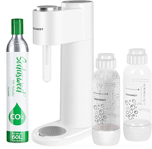 Der Sodasweet Wassersprudler weiß von der Seite mit 2 Flaschen und Gaskartusche