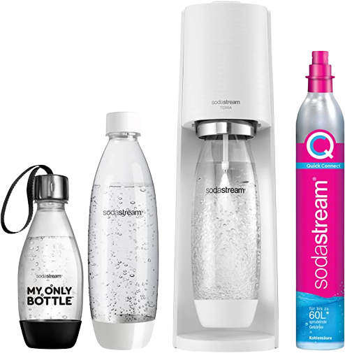 Sodastream Terra schwarz von vorne mit 4 Flaschen und CO2 Zylinder